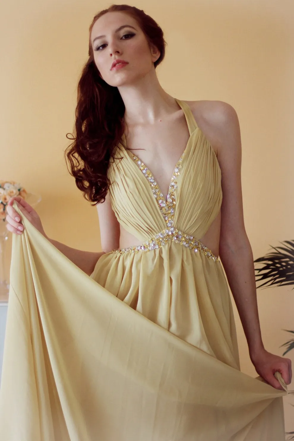 A-line V-neck Halter Floor Length Chiffon Rhinestone Backless Prom Dress
