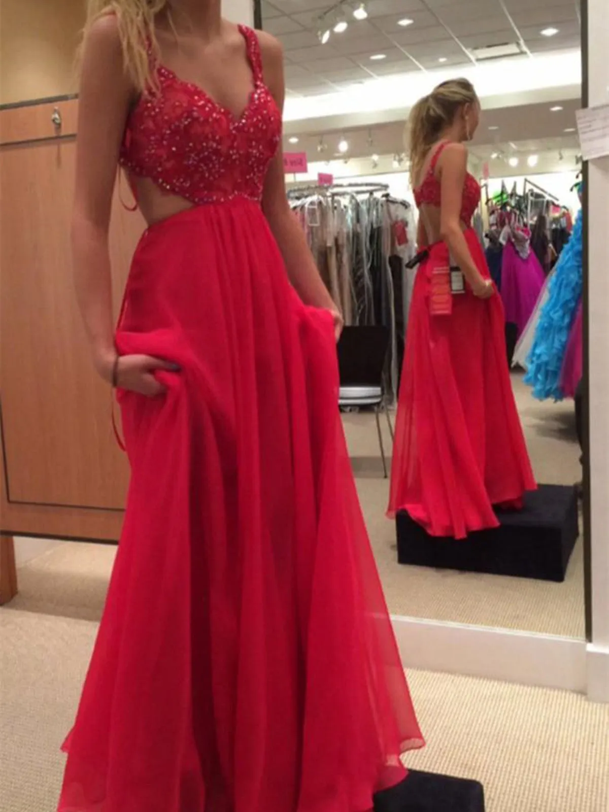 A Line V Neck Sleeveless Long Chiffon Prom Dress With Lace Beading, V Neck Sleeveless Long Chiffon Evening Dress