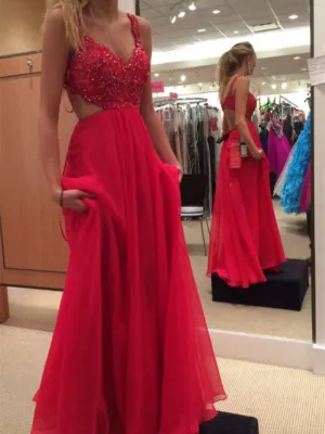A Line V Neck Sleeveless Long Chiffon Prom Dress With Lace Beading, V Neck Sleeveless Long Chiffon Evening Dress