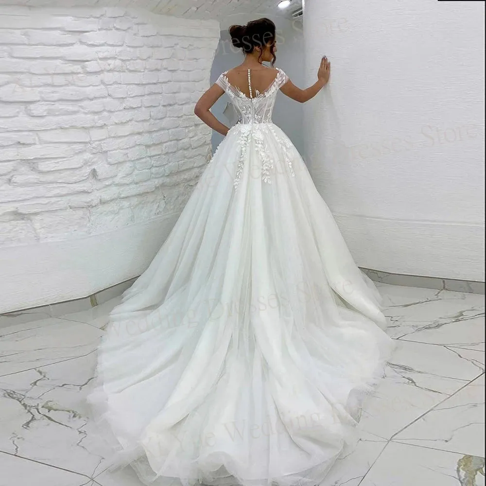 A Line Wedding Dresses Off The Shoulder Lace Appliques Bride Gowns