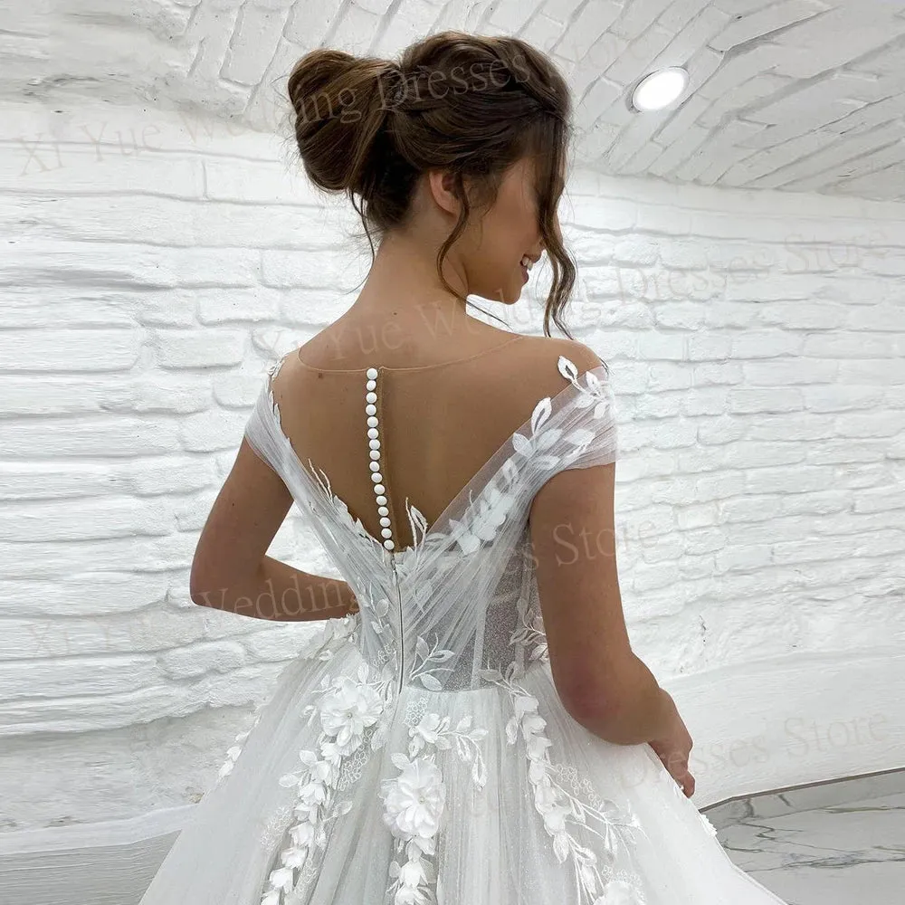 A Line Wedding Dresses Off The Shoulder Lace Appliques Bride Gowns