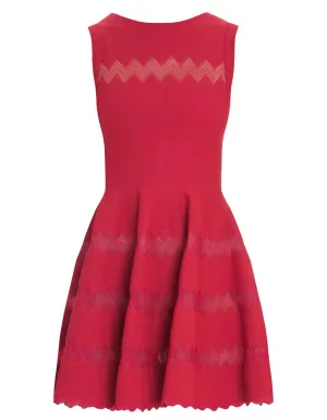 Alaia Red Fit Flare Sleeveless Zig Zag Mesh Dress sz FR 44