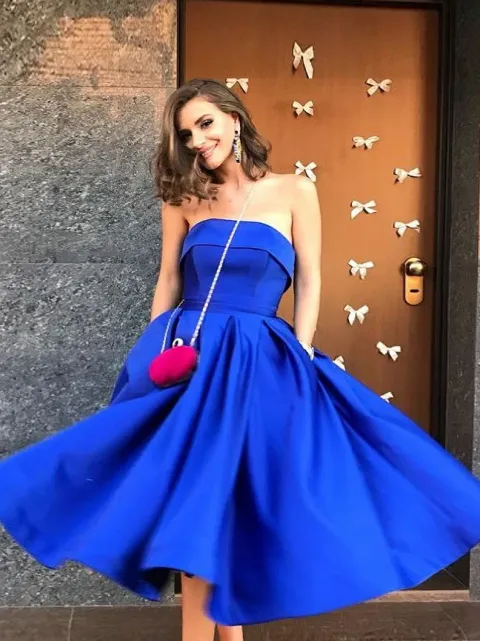 Anneprom A-Line Strapless Tea-Length Royal Blue Satin Prom Dress with Pockets APH0108