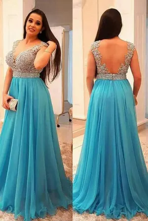 Anneprom A-Line V-neck Sleeveless Beading Chiffon Ice Blue Plus Size Dresses APP0352