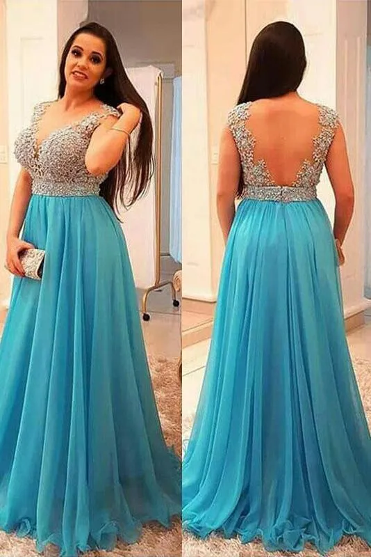 Anneprom A-Line V-neck Sleeveless Beading Chiffon Ice Blue Plus Size Dresses APP0352