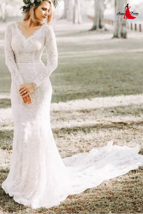 Anneprom Mermaid V neck Long Sleeve Wedding Dresses Rustic Lace Wedding Gowns APW0331