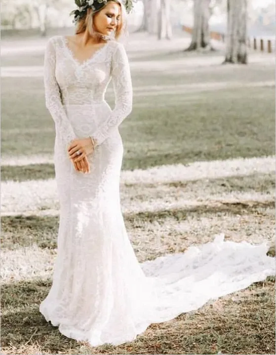 Anneprom Mermaid V neck Long Sleeve Wedding Dresses Rustic Lace Wedding Gowns APW0331