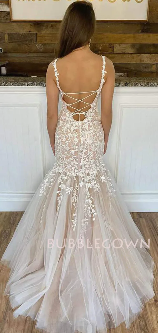 Applique Straps Champagne Tull Mermaid Lace Long Evening Prom Dresses, MR7541