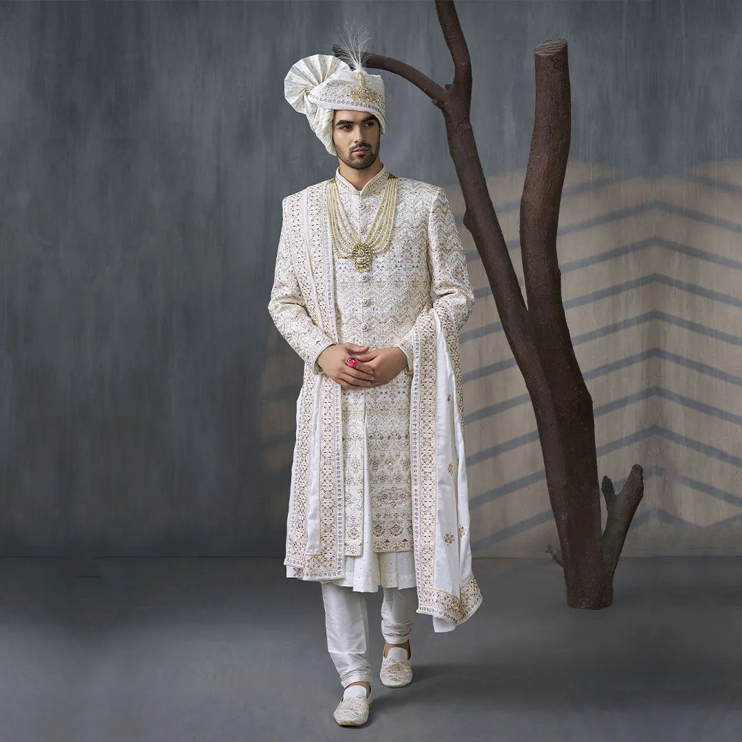 Asymmetric White Sherwani with Intrinsic Threadwork