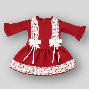 Baby Girls Dress With Bows & Lace - Red