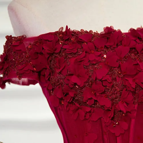 Beautiful Burgundy Hand-Made Flowers Long Prom Dress Evening Dresses, SP377