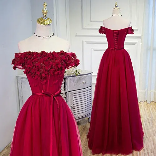 Beautiful Burgundy Hand-Made Flowers Long Prom Dress Evening Dresses, SP377