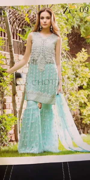 Beautiful chiffon dress by zainab chotani in ferozee turquoise color with hand made work Model # C  1124
