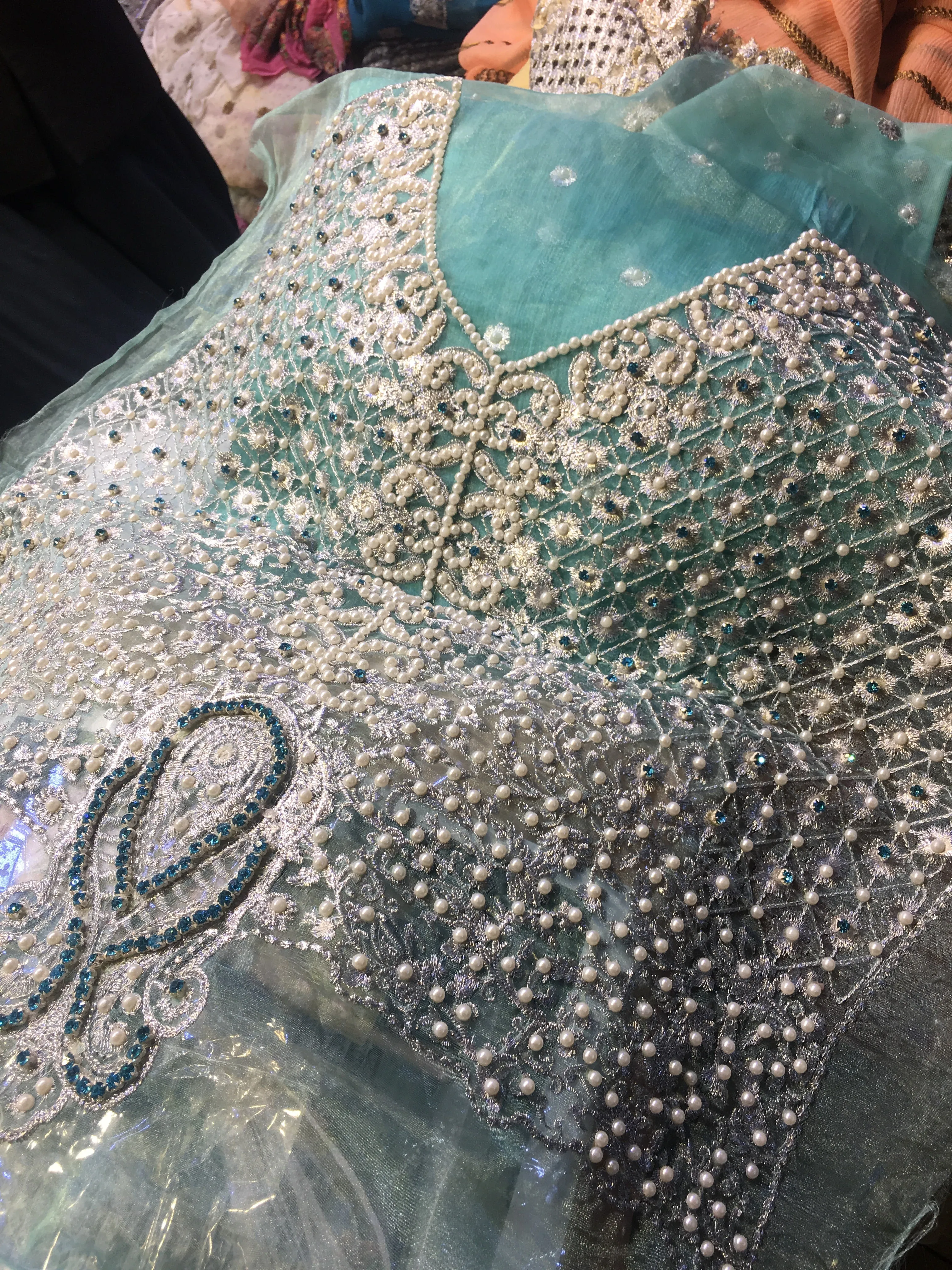 Beautiful chiffon dress by zainab chotani in ferozee turquoise color with hand made work Model # C  1124