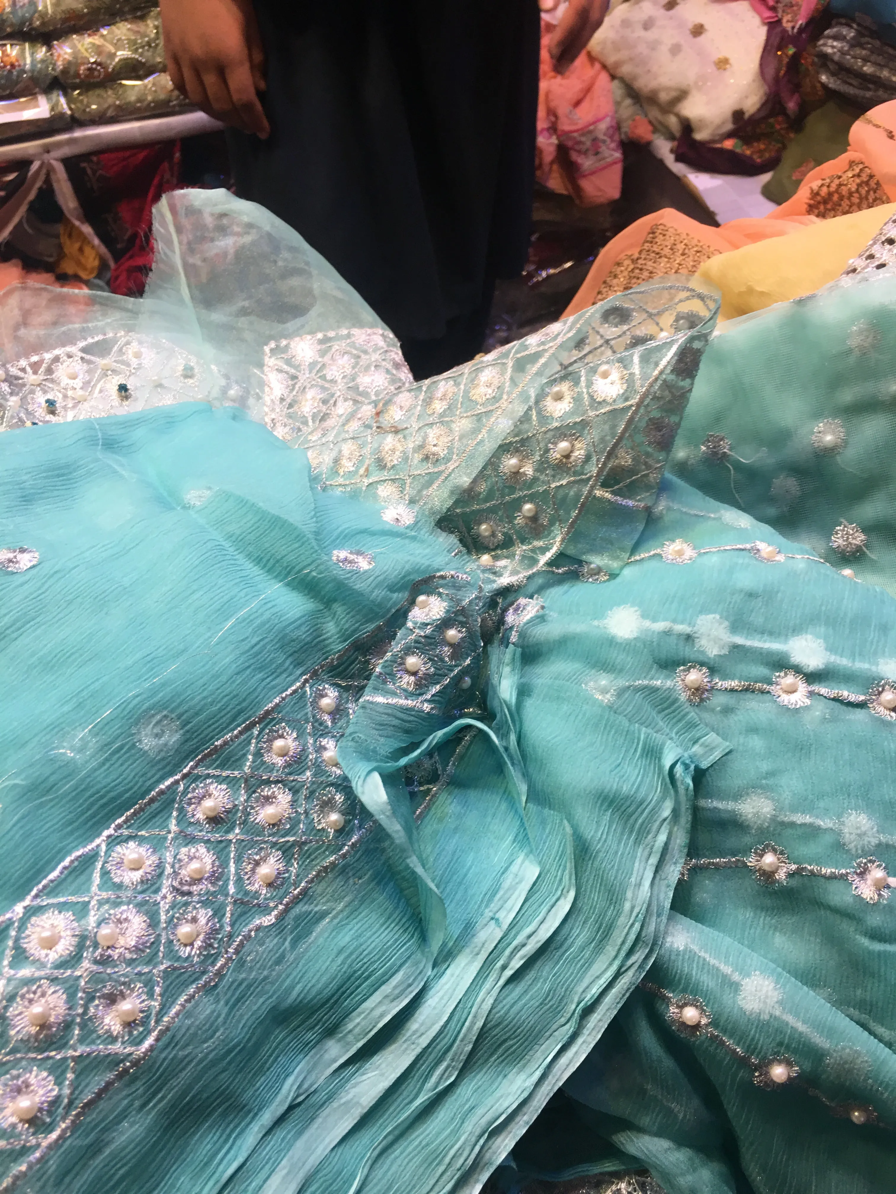 Beautiful chiffon dress by zainab chotani in ferozee turquoise color with hand made work Model # C  1124