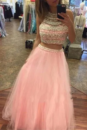 Beautiful Pink Two Pieces Beading Tulle Long Cheap Prom Dress K687