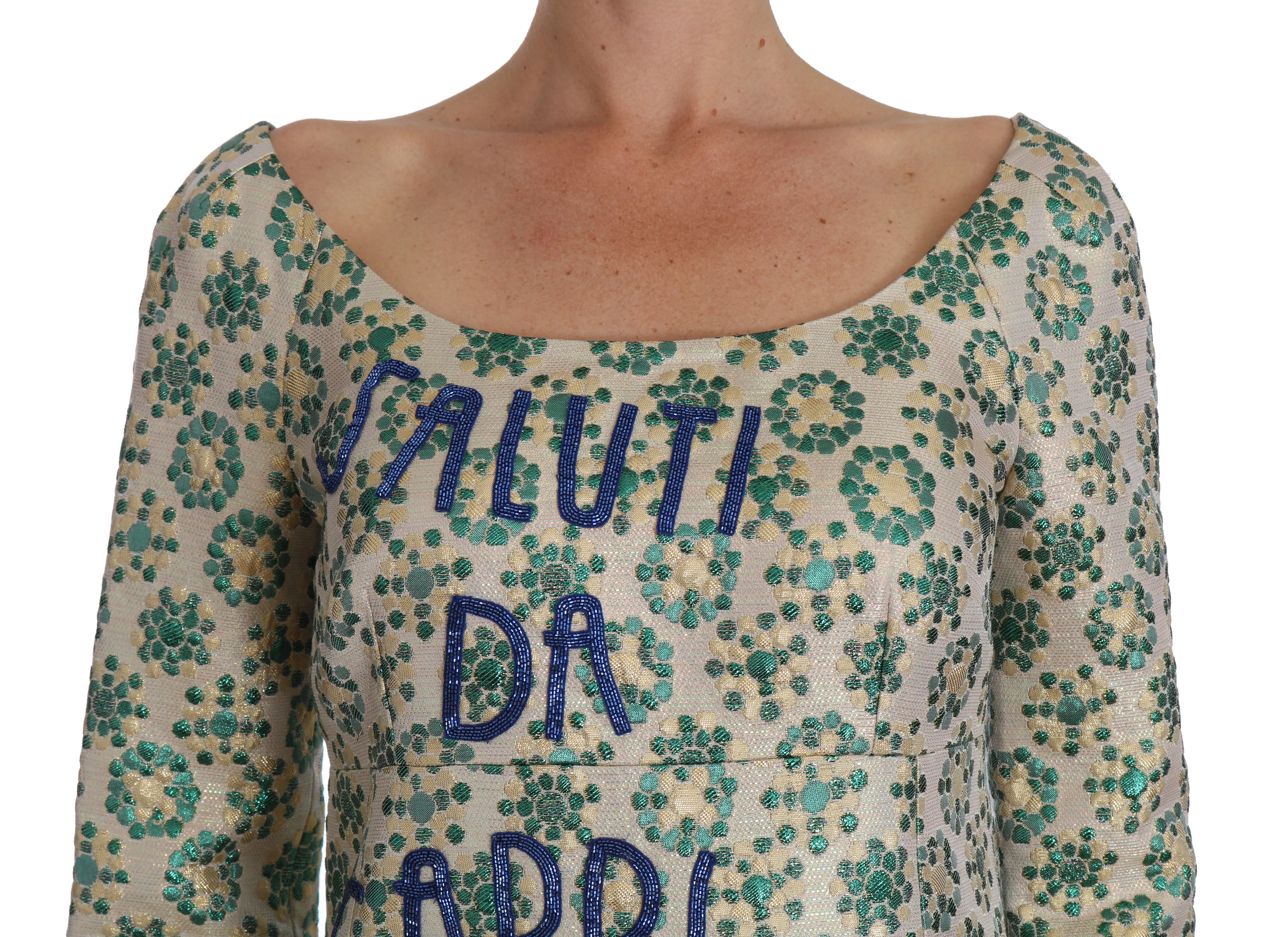 Beige Green Jacquard Saluti Da Capri Dress