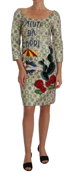 Beige Green Jacquard Saluti Da Capri Dress