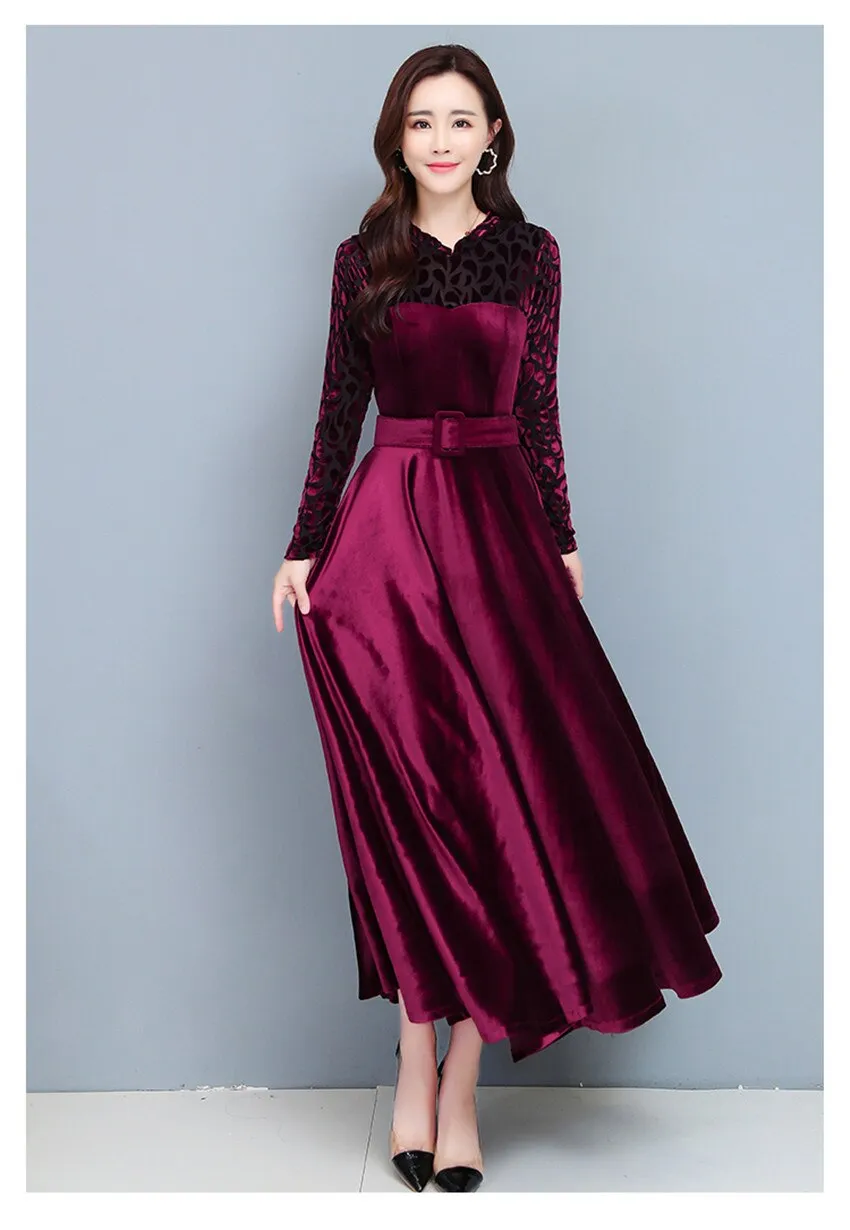 BerryBetty - High Quality Fashion Vintage Velvet Dress Winter Dresses Women Long Sleeve Evening Party Dress For Middle Age Mom Vestidos