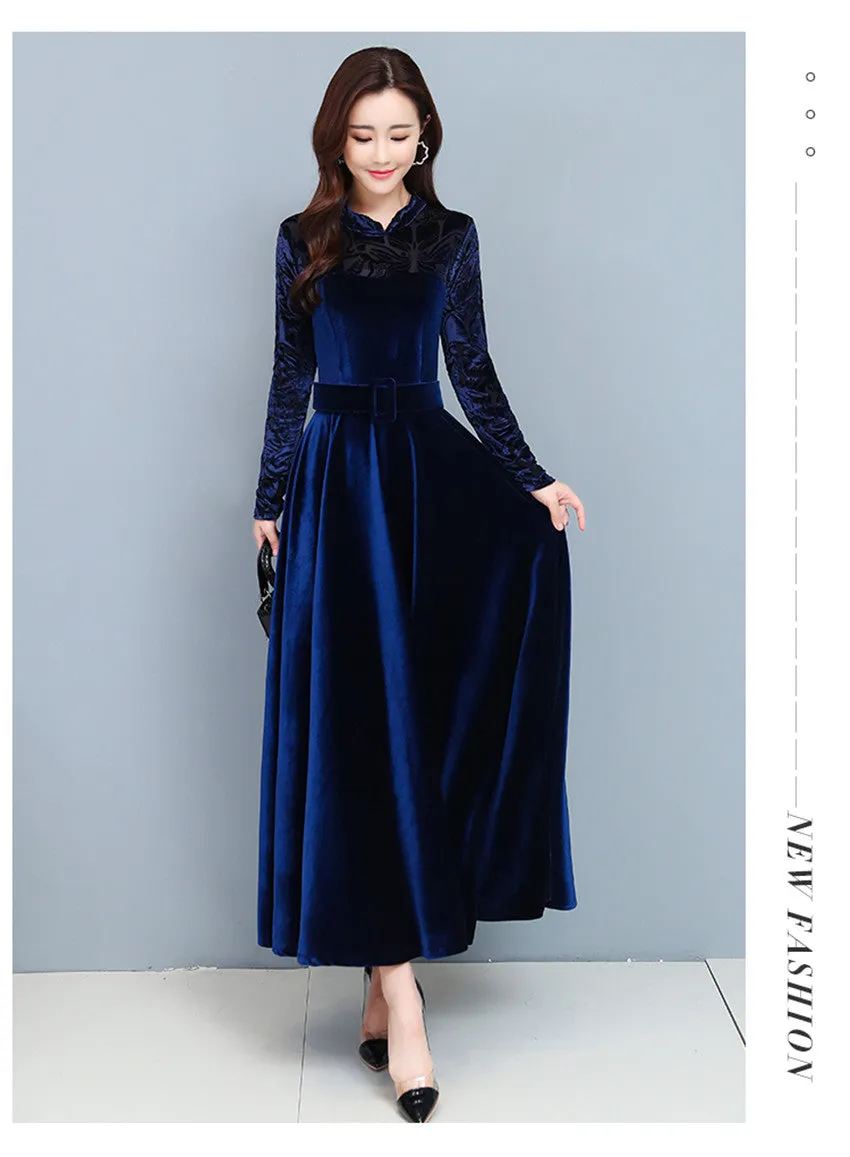 BerryBetty - High Quality Fashion Vintage Velvet Dress Winter Dresses Women Long Sleeve Evening Party Dress For Middle Age Mom Vestidos