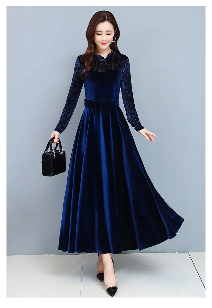 BerryBetty - High Quality Fashion Vintage Velvet Dress Winter Dresses Women Long Sleeve Evening Party Dress For Middle Age Mom Vestidos