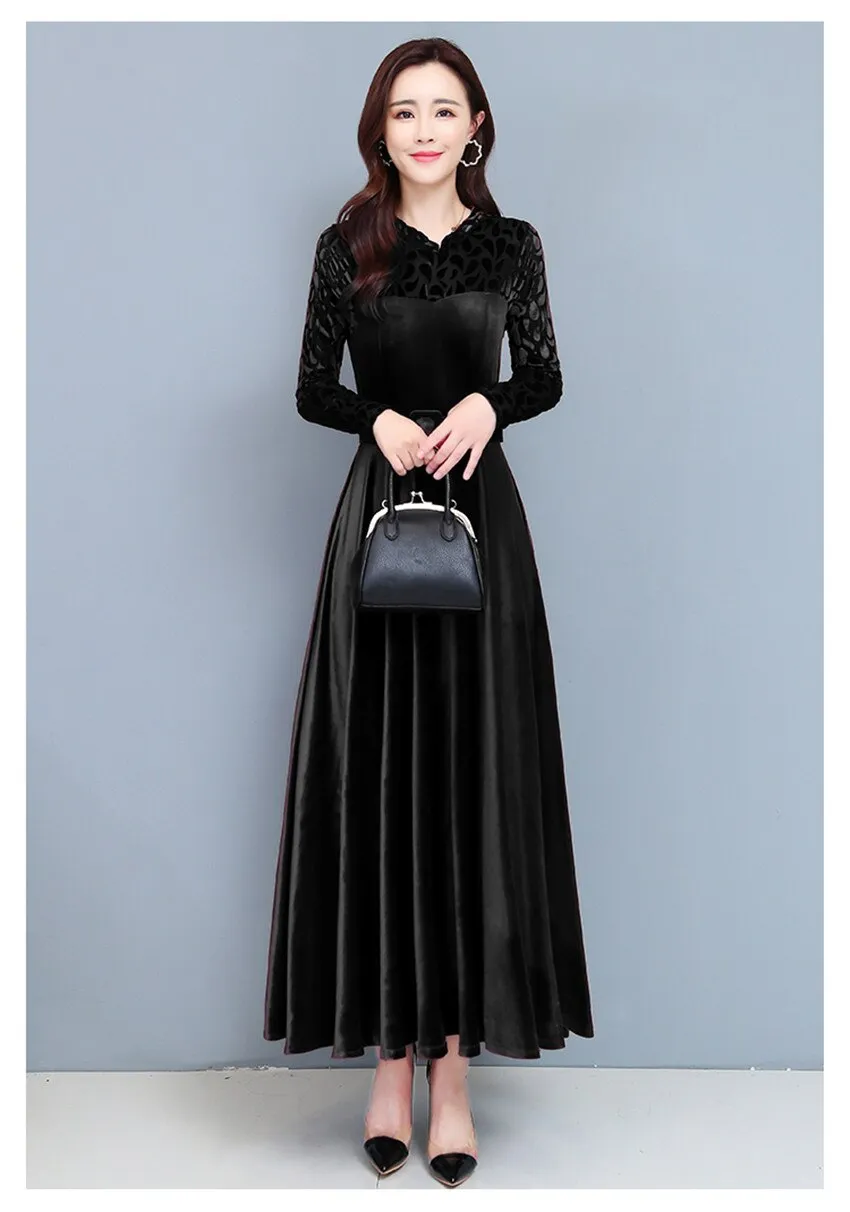 BerryBetty - High Quality Fashion Vintage Velvet Dress Winter Dresses Women Long Sleeve Evening Party Dress For Middle Age Mom Vestidos