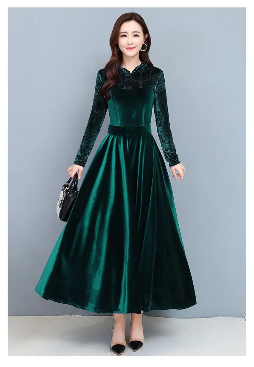 BerryBetty - High Quality Fashion Vintage Velvet Dress Winter Dresses Women Long Sleeve Evening Party Dress For Middle Age Mom Vestidos