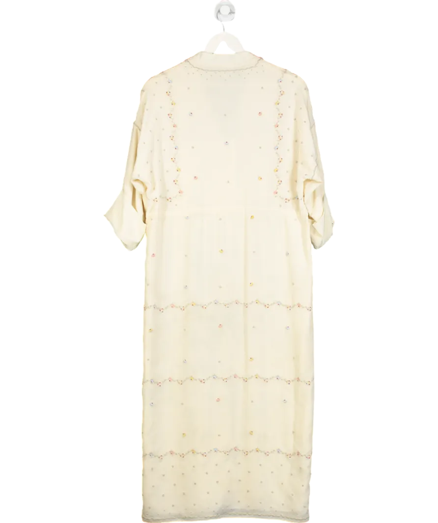 Beulah London Cream Floral Embroidered Silk Button Down Dress UK S