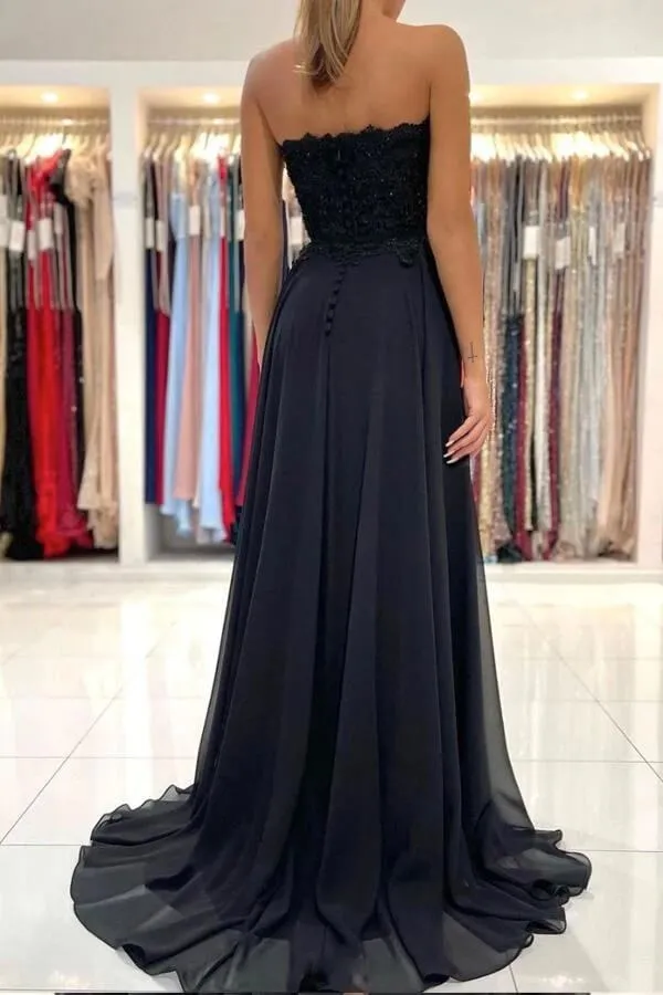 Black Chiffon Lace A-line Sweetheart Long Prom Dresses, Evening Gowns, MP680