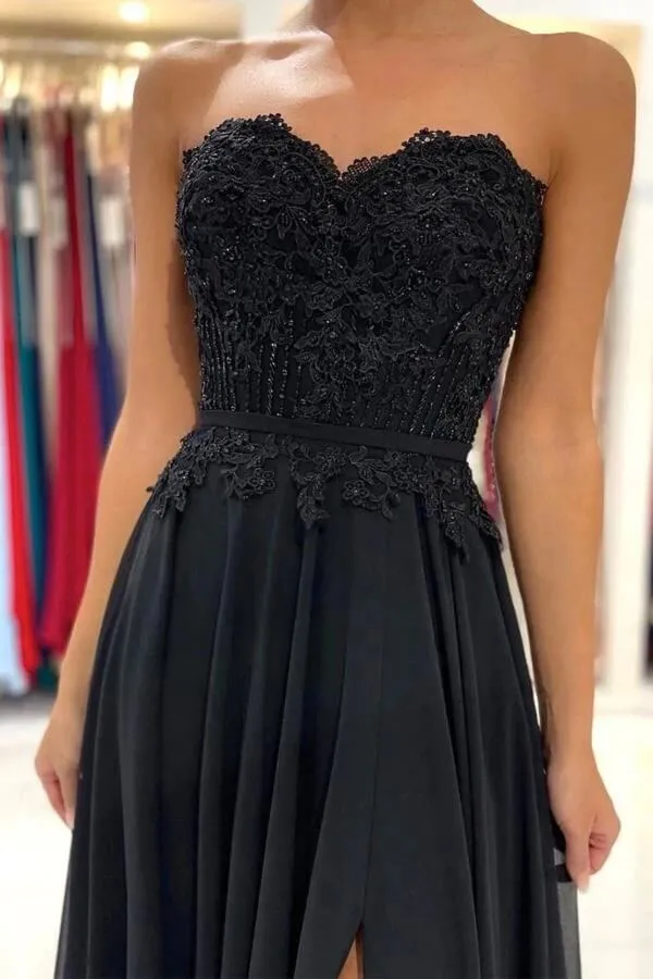 Black Chiffon Lace A-line Sweetheart Long Prom Dresses, Evening Gowns, MP680