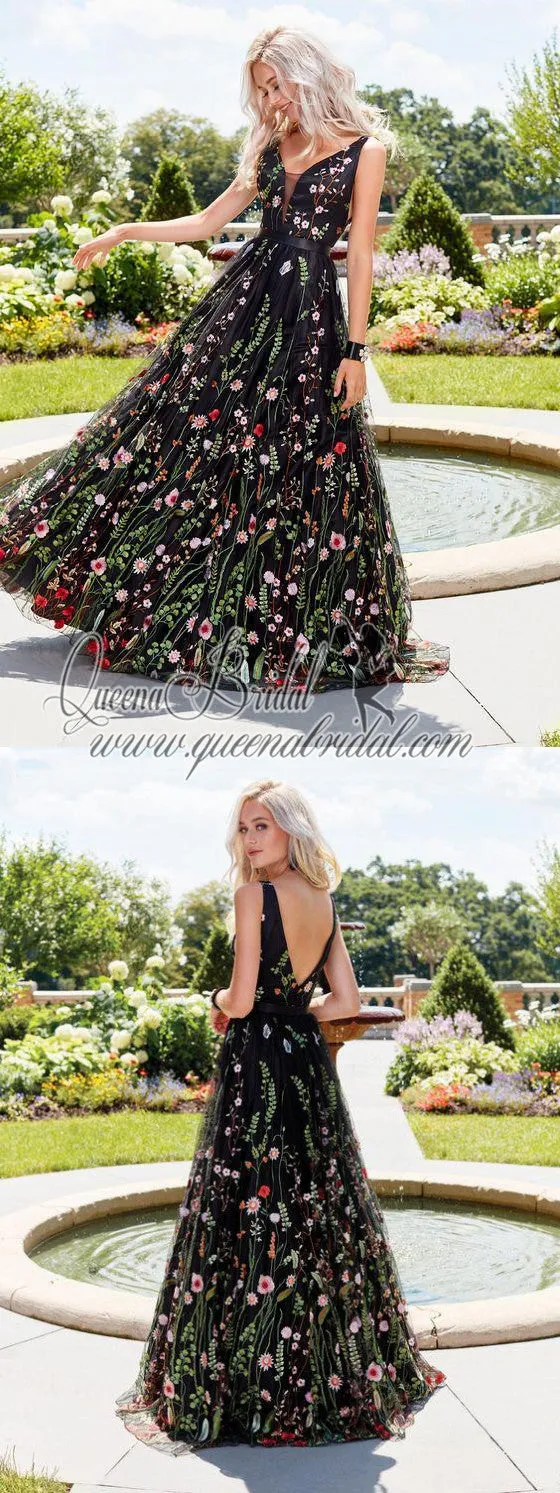 Black Embroidery V Neck Long Sexy Evening Prom Dresses, QB0442