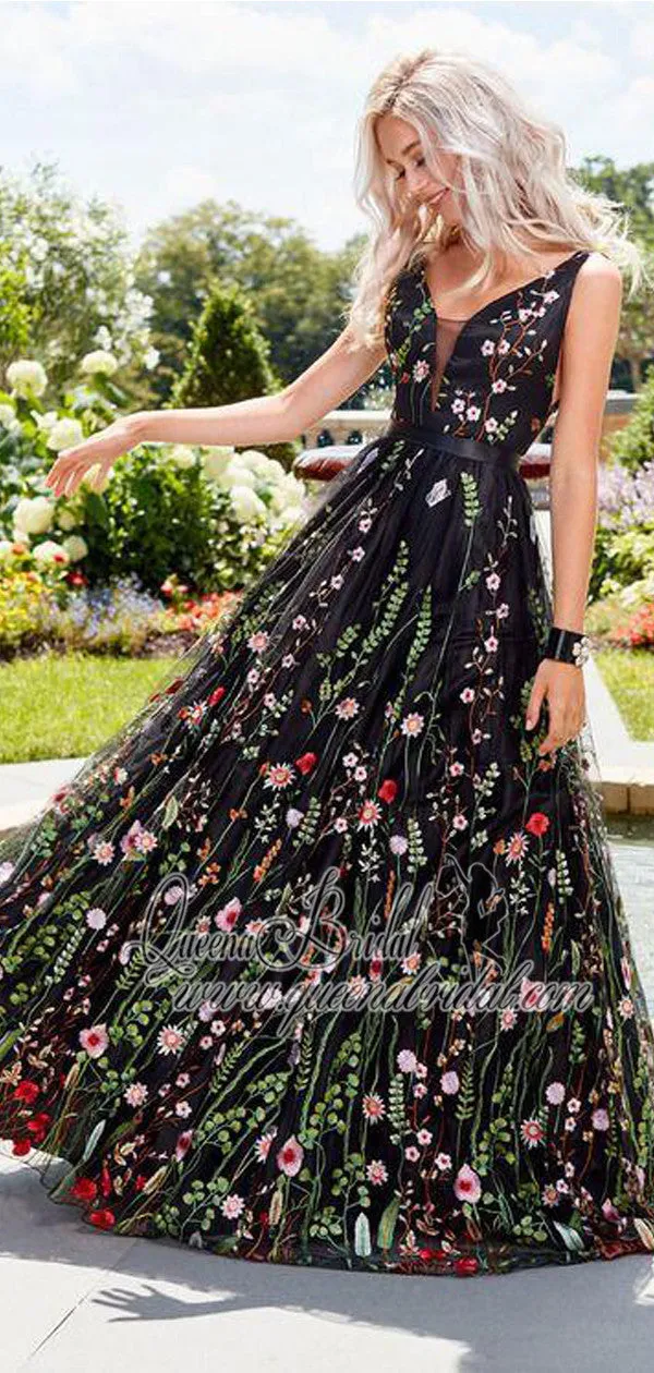 Black Embroidery V Neck Long Sexy Evening Prom Dresses, QB0442