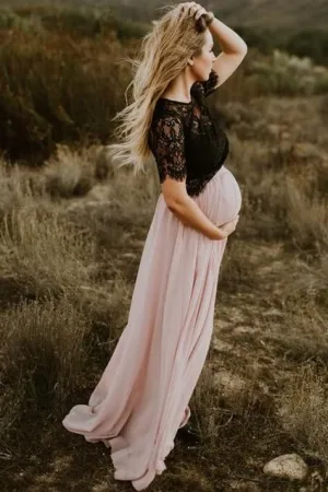 Black Lace Pregnant Evening Gown Maternity Dress for Photography Shoot