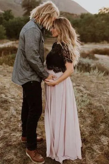 Black Lace Pregnant Evening Gown Maternity Dress for Photography Shoot