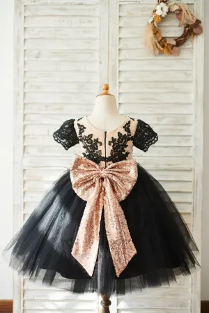 Black Lace Tulle Short Sleeves Wedding Flower Girl Dress, Sequin Bow