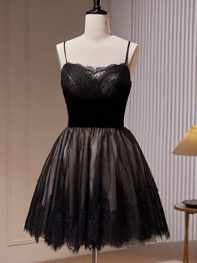 Black Spaghetti Straps Lace Tulle Short Homecoming Dresses