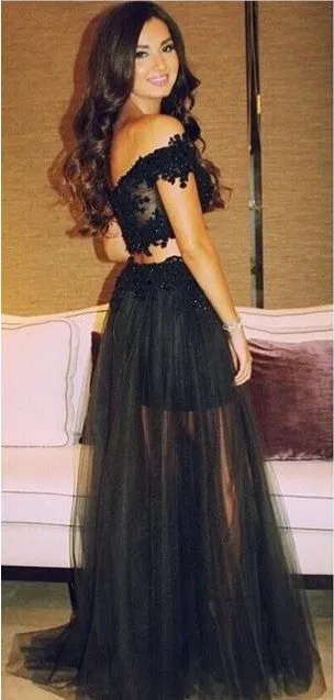Black Tulle Lace Two Piece Applique Off Shoulder Prom Dressses,Evening Dresses,Formal Dresses, M10