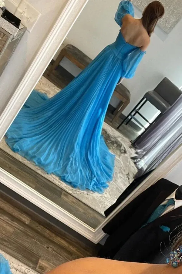 Blue Chiffon A-line Sweetheart Neck Beaded Prom Dresses With Slit, MP923