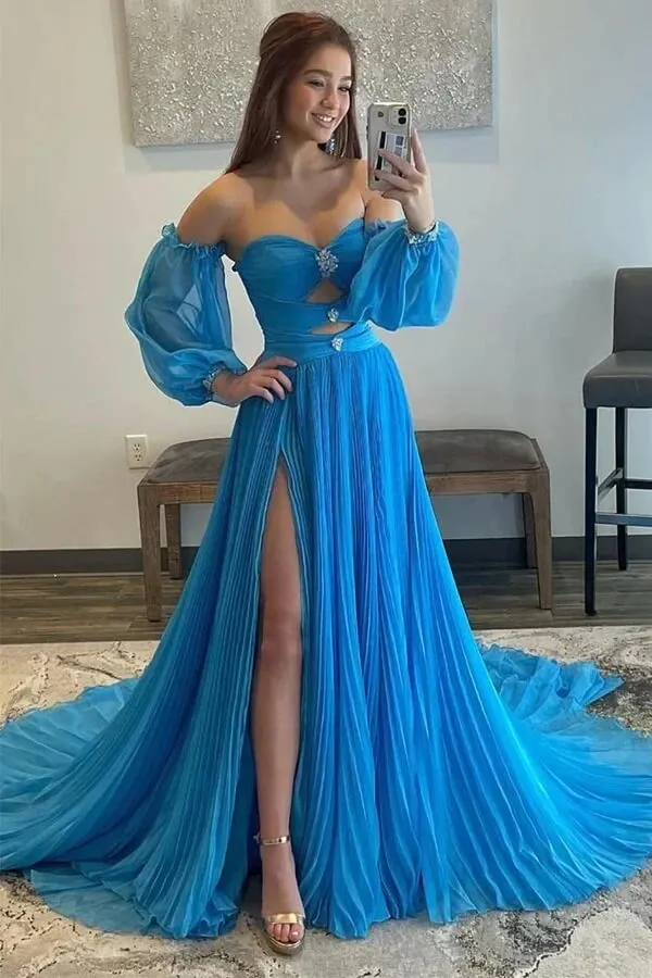 Blue Chiffon A-line Sweetheart Neck Beaded Prom Dresses With Slit, MP923