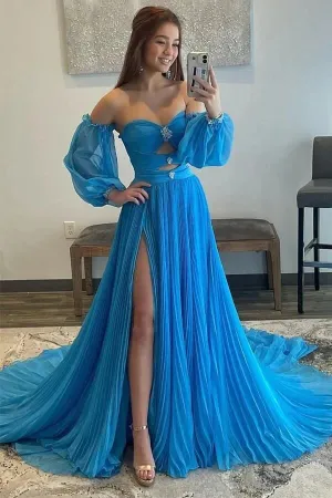 Blue Chiffon A-line Sweetheart Neck Beaded Prom Dresses With Slit, MP923