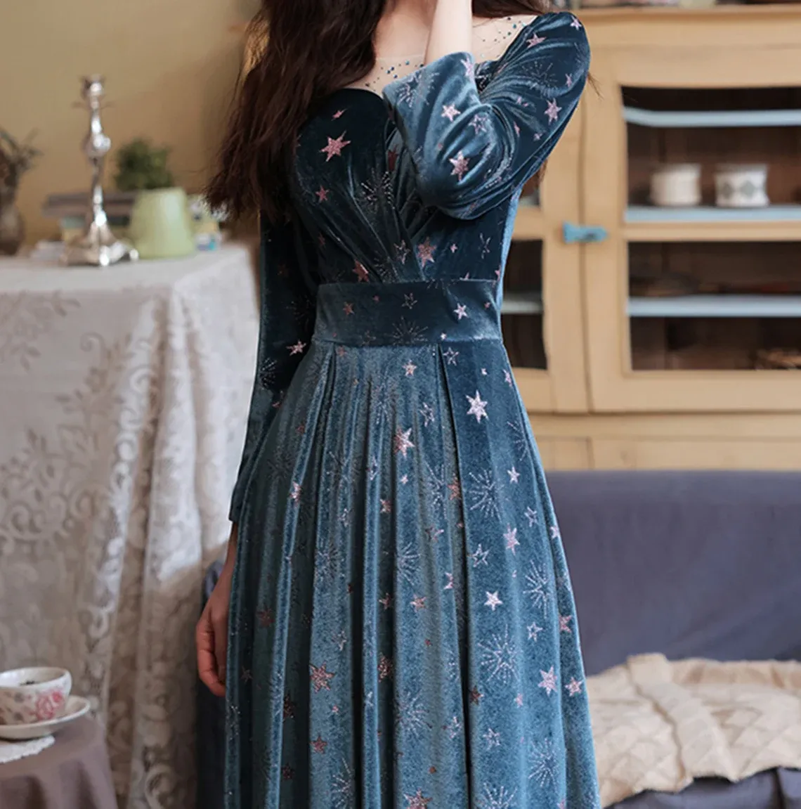 Blue Velvet Prom Dress A-line Evening Dress,Long Sleeves Prom Party Dresses