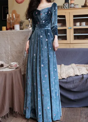 Blue Velvet Prom Dress A-line Evening Dress,Long Sleeves Prom Party Dresses