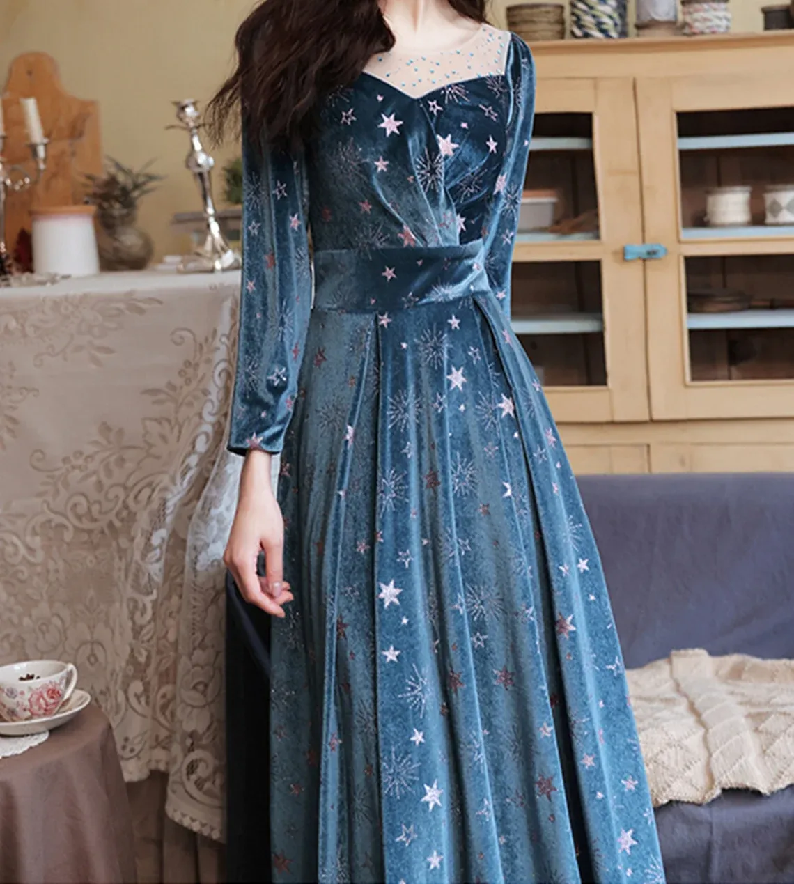 Blue Velvet Prom Dress A-line Evening Dress,Long Sleeves Prom Party Dresses