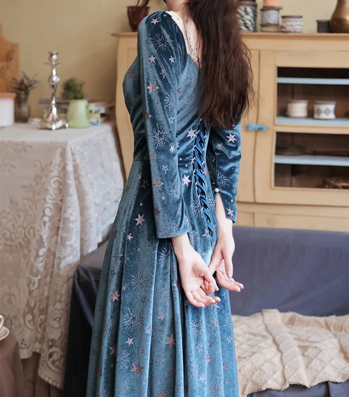 Blue Velvet Prom Dress A-line Evening Dress,Long Sleeves Prom Party Dresses