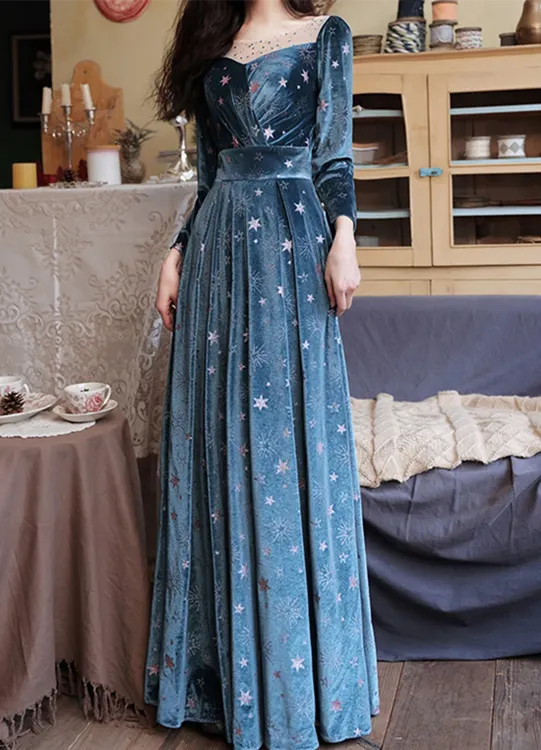Blue Velvet Prom Dress A-line Evening Dress,Long Sleeves Prom Party Dresses