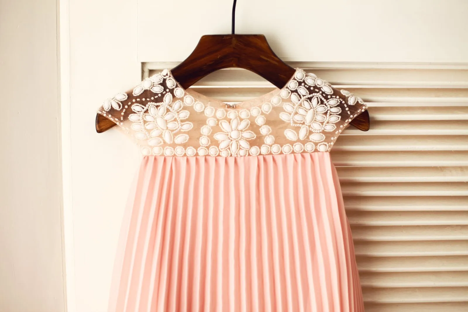Boho Beach Beaded Ivory/Pink Chiffon Flower Girl Dress