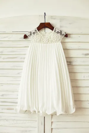 Boho Beach Beaded Ivory/Pink Chiffon Flower Girl Dress