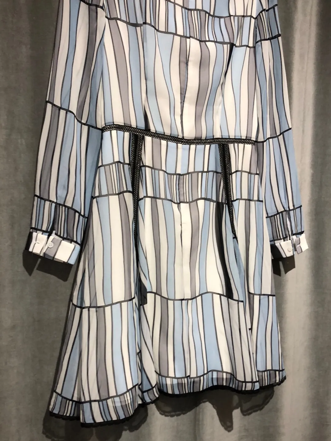 BORA AKSU CHIFFON Striped White Blue and Grey Long Sleeve Dress