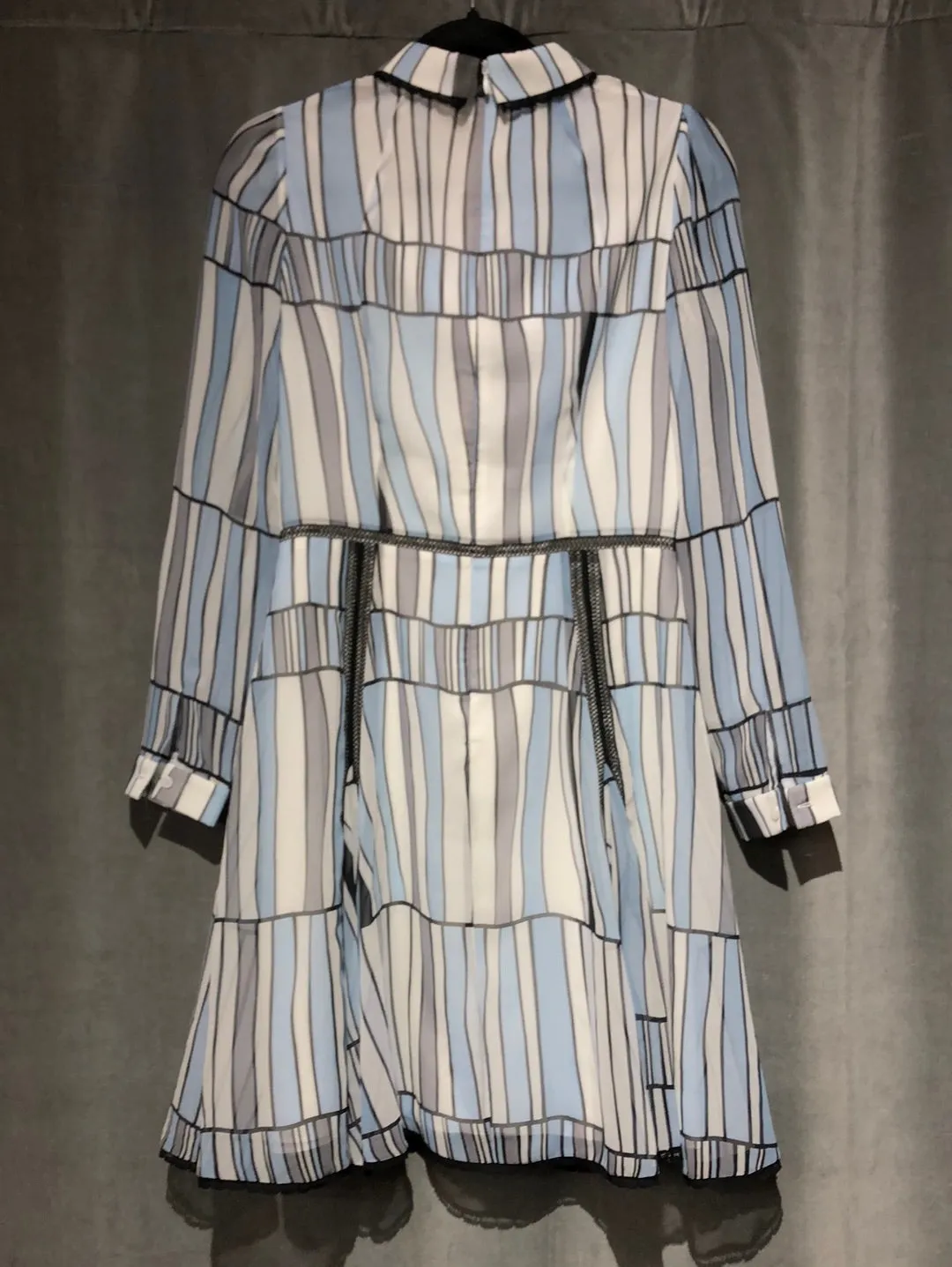 BORA AKSU CHIFFON Striped White Blue and Grey Long Sleeve Dress