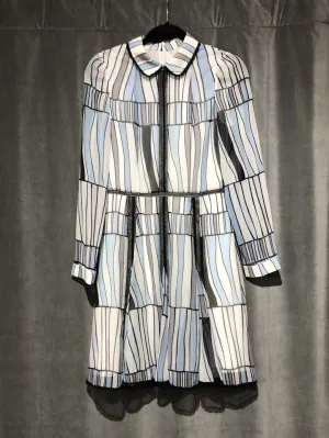 BORA AKSU CHIFFON Striped White Blue and Grey Long Sleeve Dress